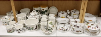 A Royal Worcester Evesham part dinner service, together with Portmeirion items including eight mugs, three lidded tureens, etc.